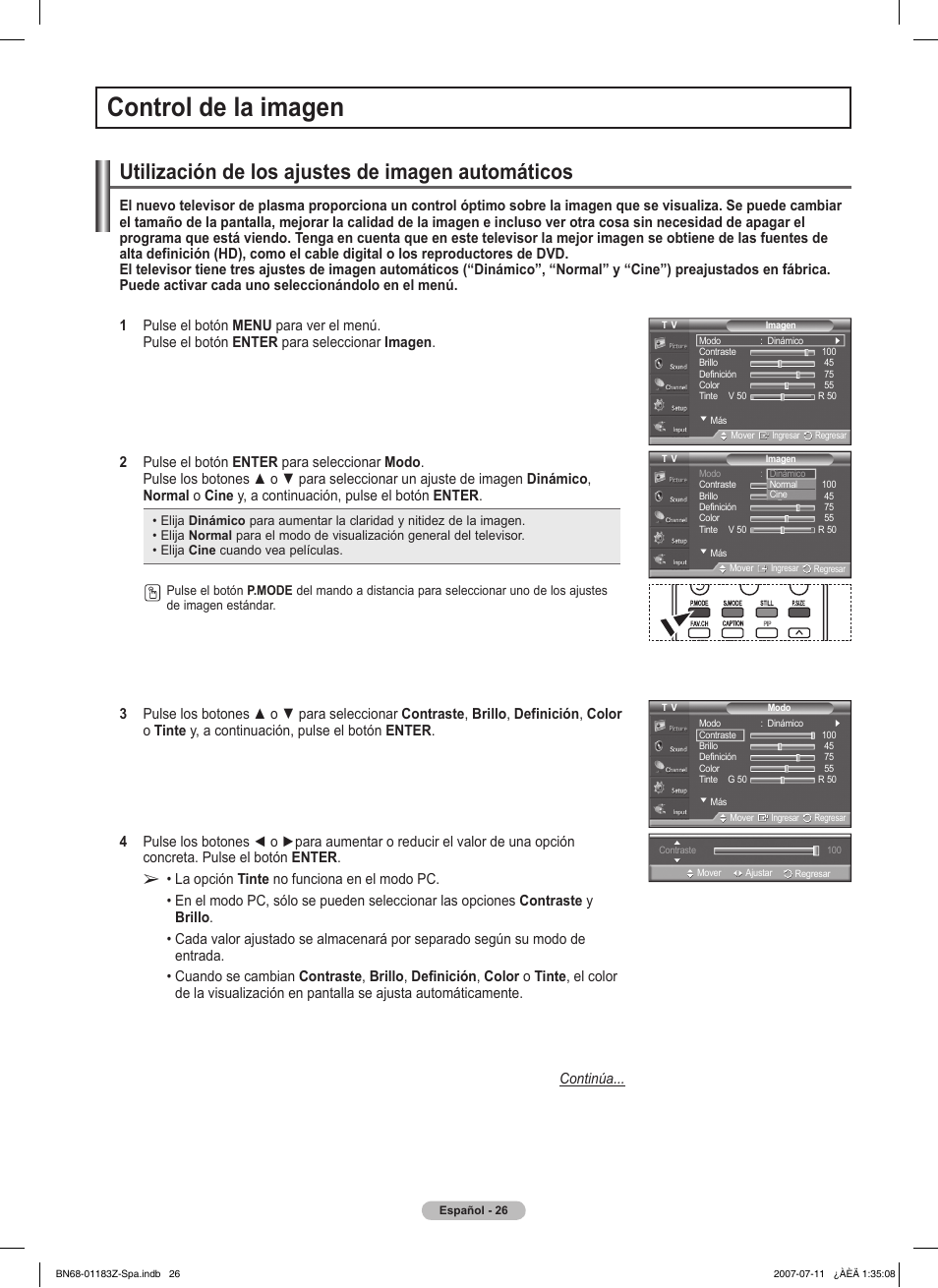 Control de la imagen, Utilización de los ajustes de imagen automáticos | Samsung FPT5884X-XAA User Manual | Page 192 / 250