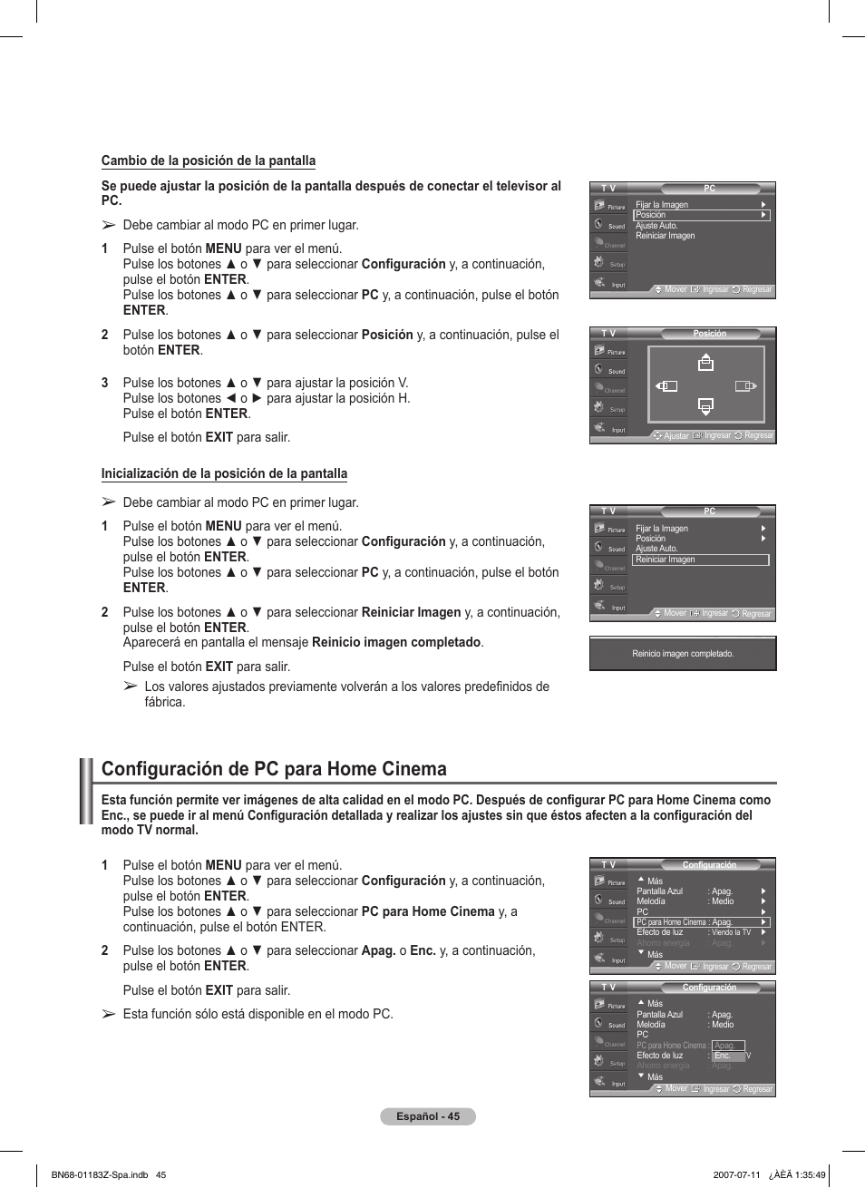 Configuración de pc para home cinema | Samsung FPT5884X-XAA User Manual | Page 211 / 250