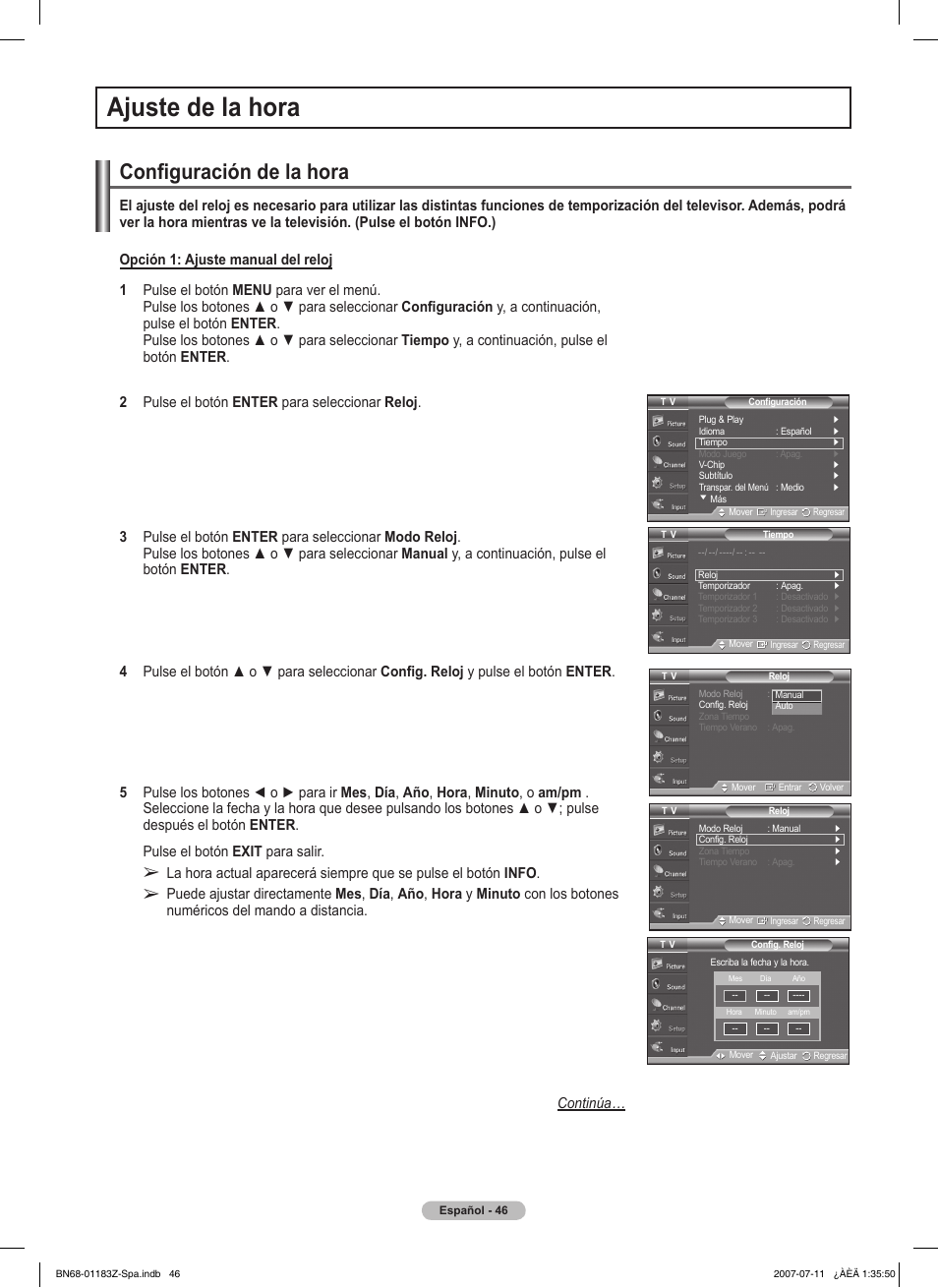 Ajuste de la hora, Configuración de la hora | Samsung FPT5884X-XAA User Manual | Page 212 / 250