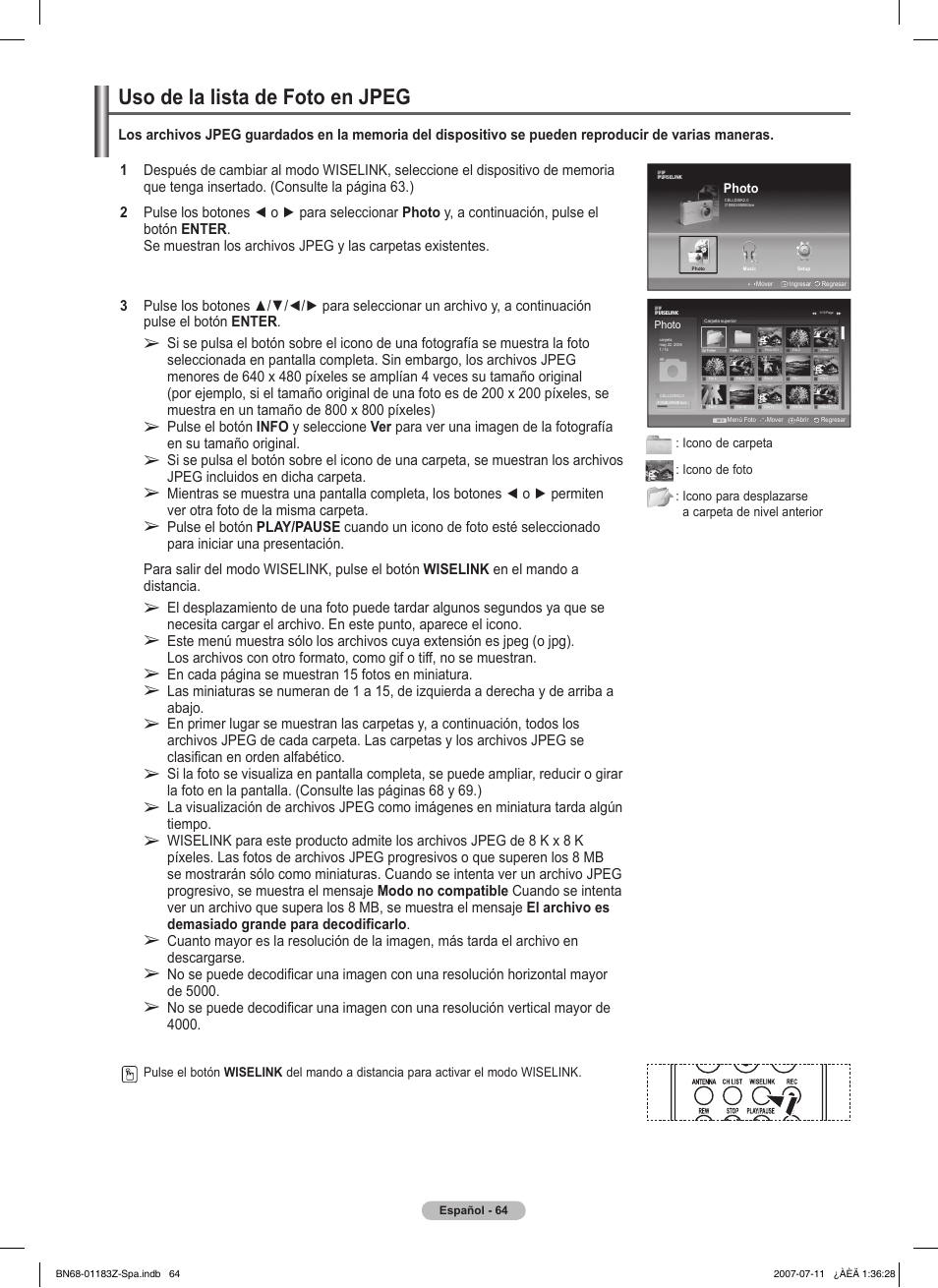 Uso de la lista de foto en jpeg | Samsung FPT5884X-XAA User Manual | Page 230 / 250