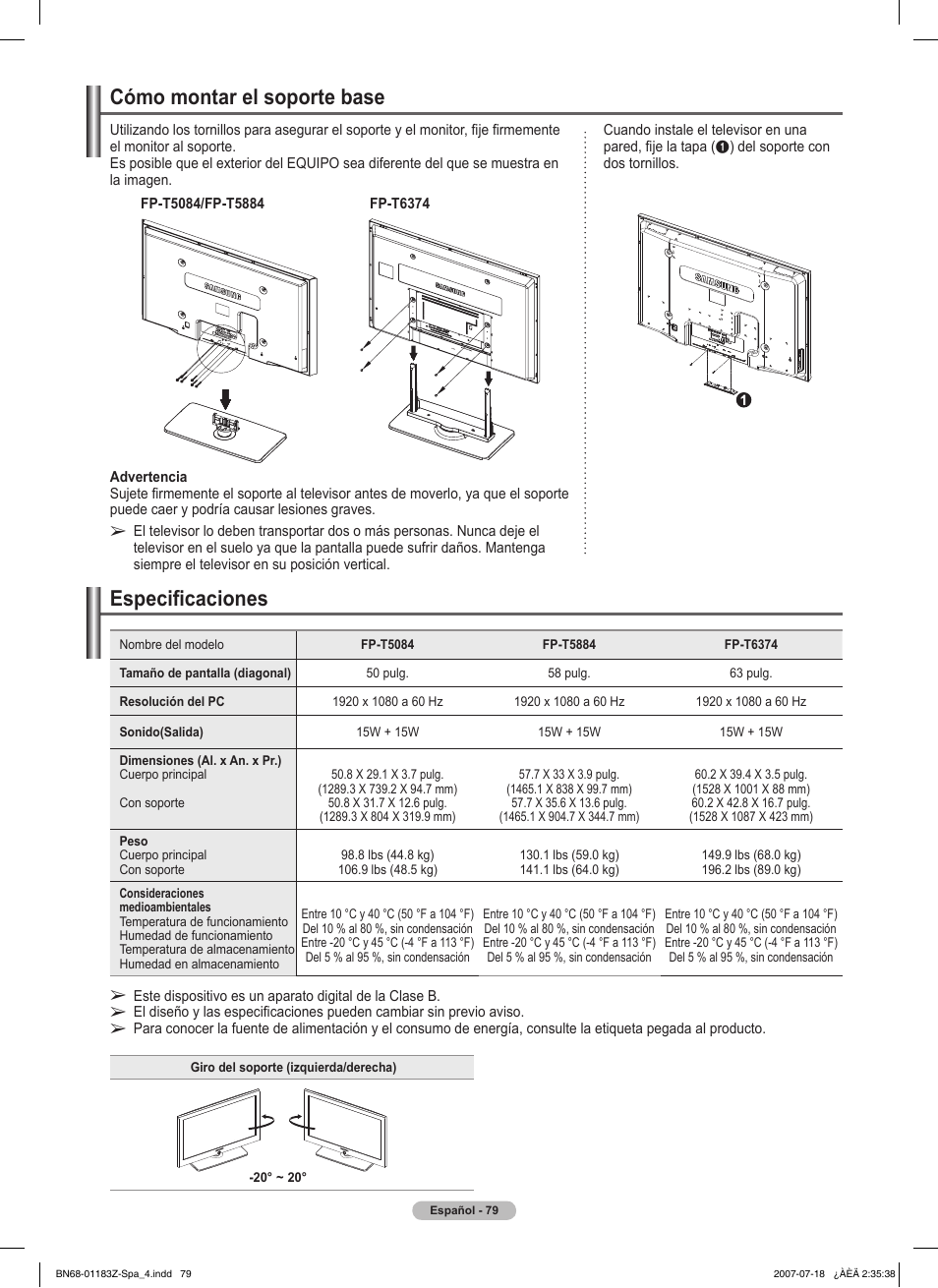 Especificaciones, Cómo montar el soporte base | Samsung FPT5884X-XAA User Manual | Page 245 / 250