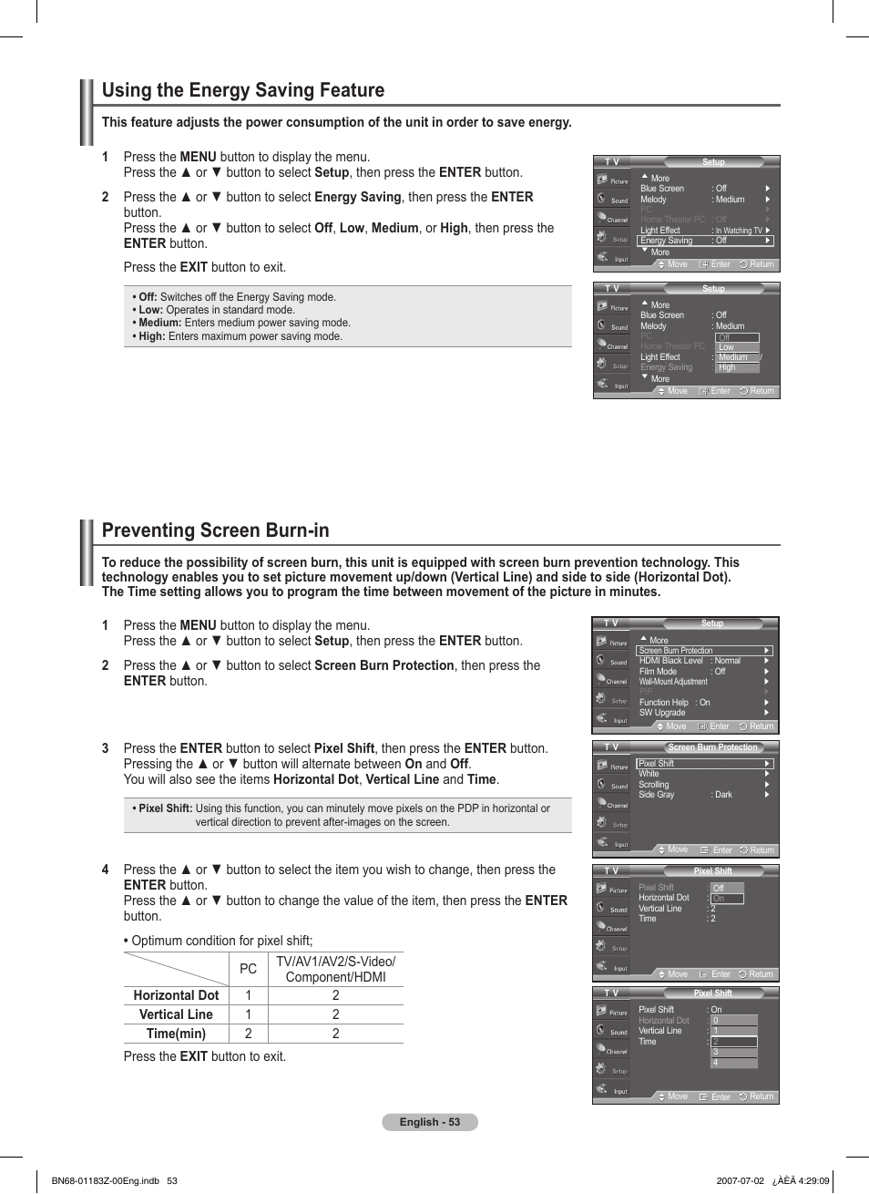 Using the energy saving feature, Preventing screen burn-in | Samsung FPT5884X-XAA User Manual | Page 53 / 250