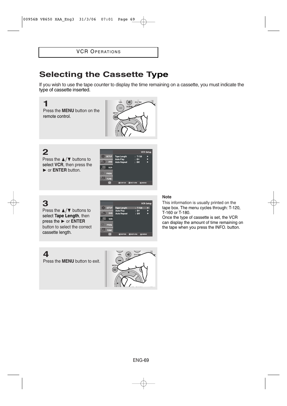 Selecting the cassette type, Selecting the cassette t ype | Samsung DVD-V8650-XAA User Manual | Page 69 / 92