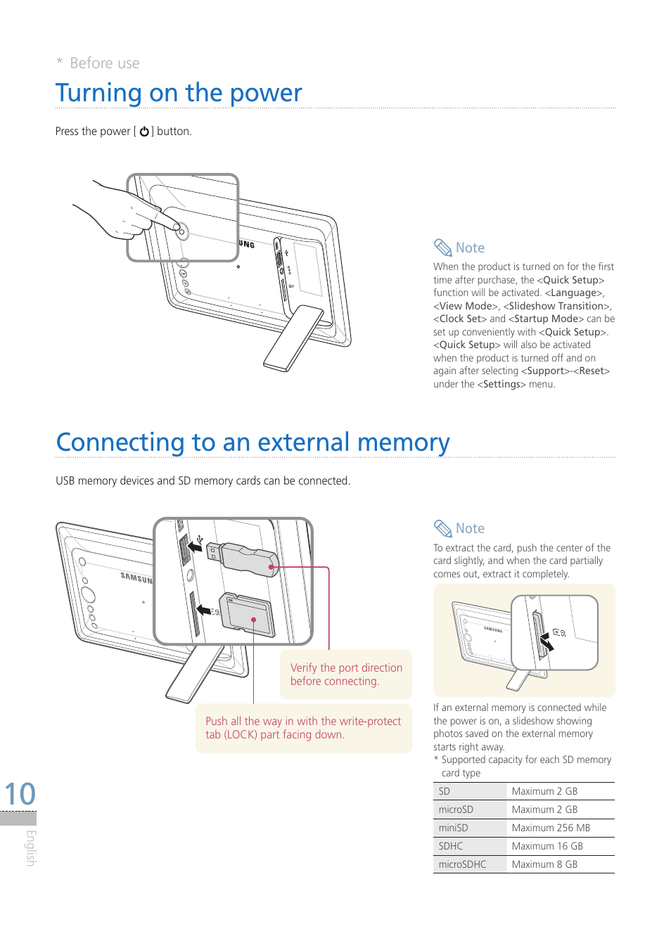 Turning on the power, Connecting to an external memory, Before use | Samsung LP08IPLEBT-ZA User Manual | Page 10 / 30