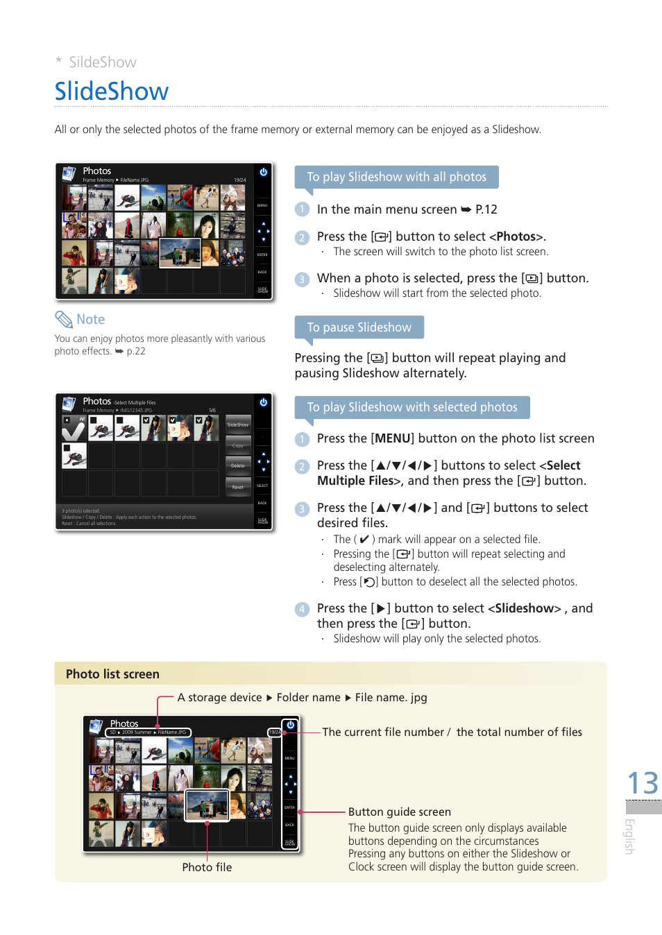 Sildeshow, Slideshow, English | Press the [ ] button to select < photos, When a photo is selected, press the [ ] button, Press the [ menu ] button on the photo list screen, Photo list screen | Samsung LP08IPLEBT-ZA User Manual | Page 13 / 30