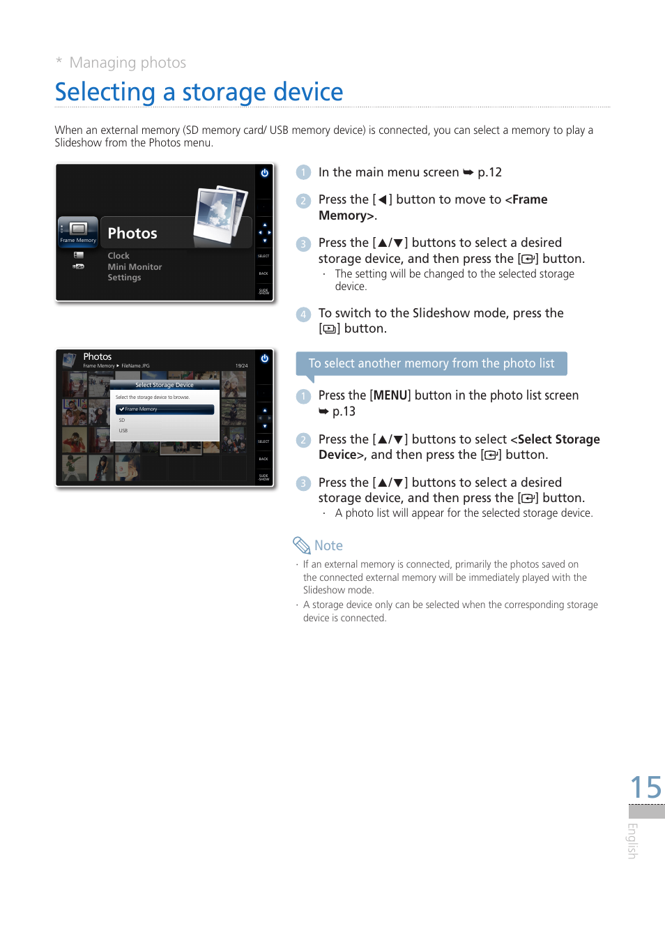 Managing photos, Selecting a storage device, Photos | English | Samsung LP08IPLEBT-ZA User Manual | Page 15 / 30