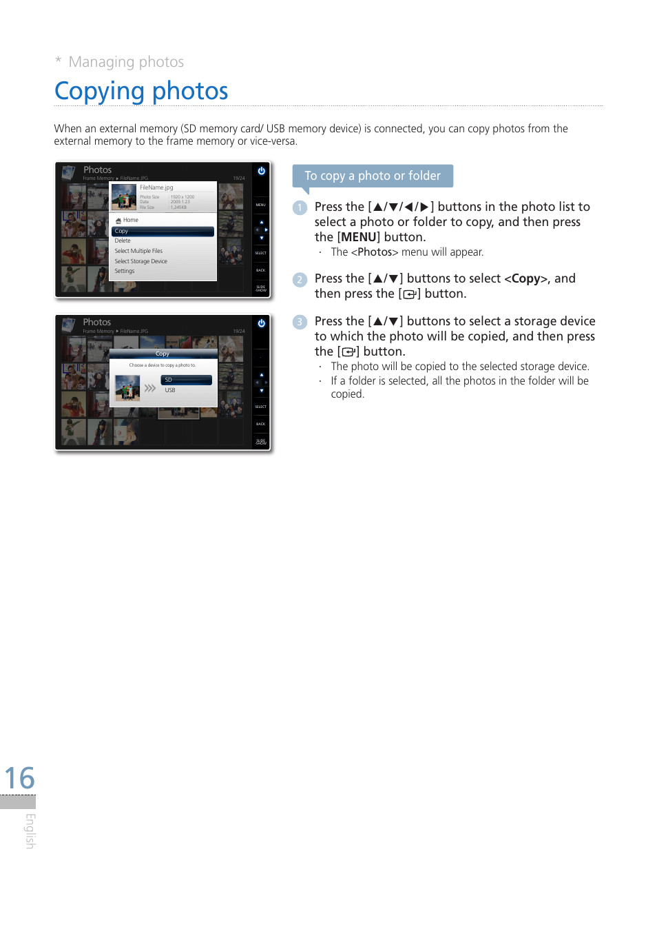 Copying photos, Managing photos, English | The < · photos> menu will appear | Samsung LP08IPLEBT-ZA User Manual | Page 16 / 30