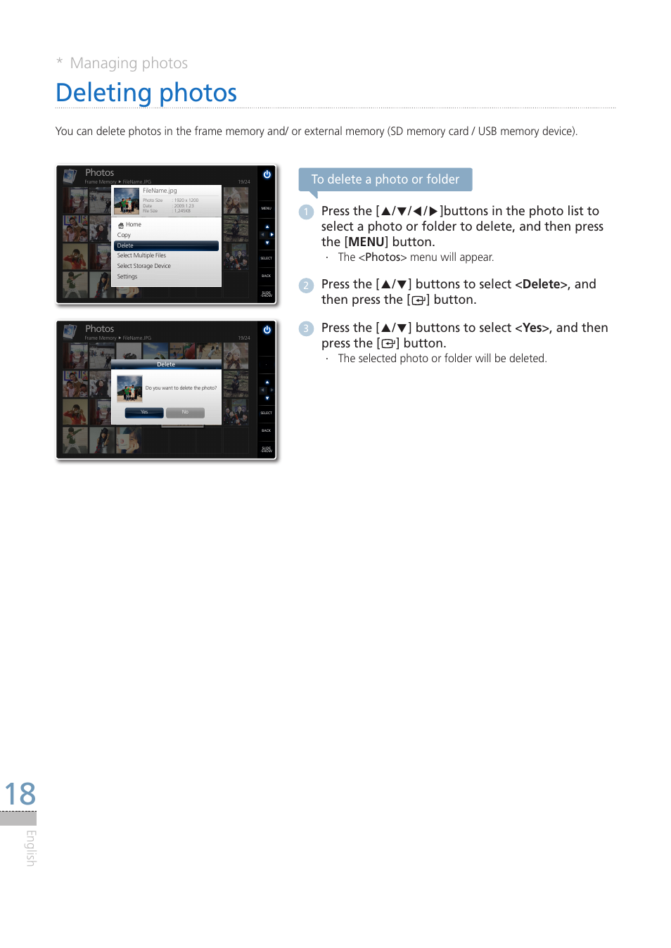 Deleting photos, Managing photos, English | The < · photos> menu will appear, The selected photo or folder will be deleted | Samsung LP08IPLEBT-ZA User Manual | Page 18 / 30