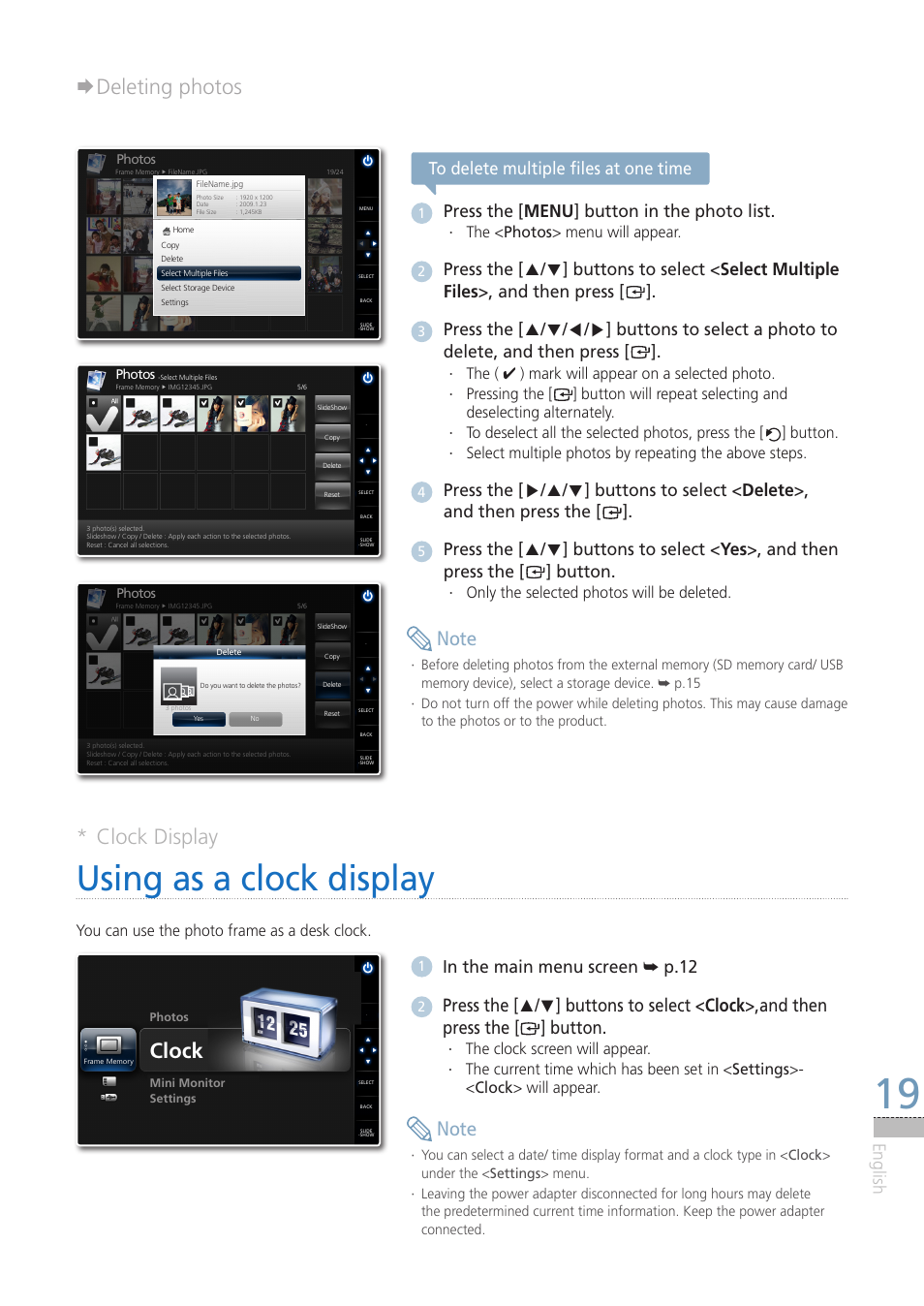 Clock display, Using as a clock display, Deleting photos ¨ clock display | Clock, English to delete multiple files at one time, Press the [ menu ] button in the photo list, The < · photos> menu will appear, Only the selected photos will be deleted, You can use the photo frame as a desk clock | Samsung LP08IPLEBT-ZA User Manual | Page 19 / 30
