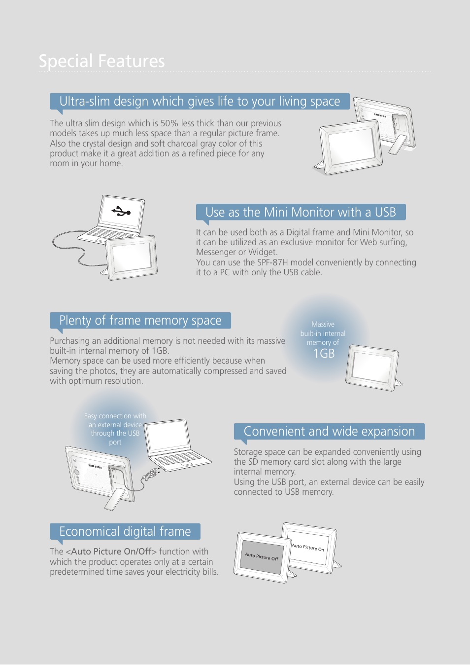 Special features, Use as the mini monitor with a usb, Convenient and wide expansion | Economical digital frame | Samsung LP08IPLEBT-ZA User Manual | Page 2 / 30