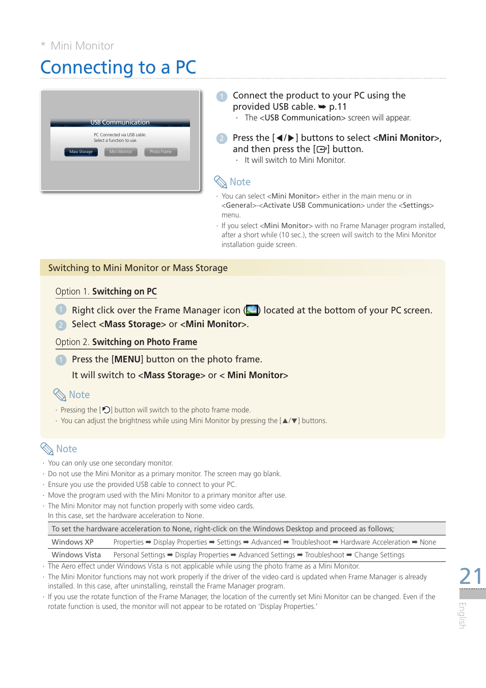 Connecting to a pc, Mini monitor | Samsung LP08IPLEBT-ZA User Manual | Page 21 / 30