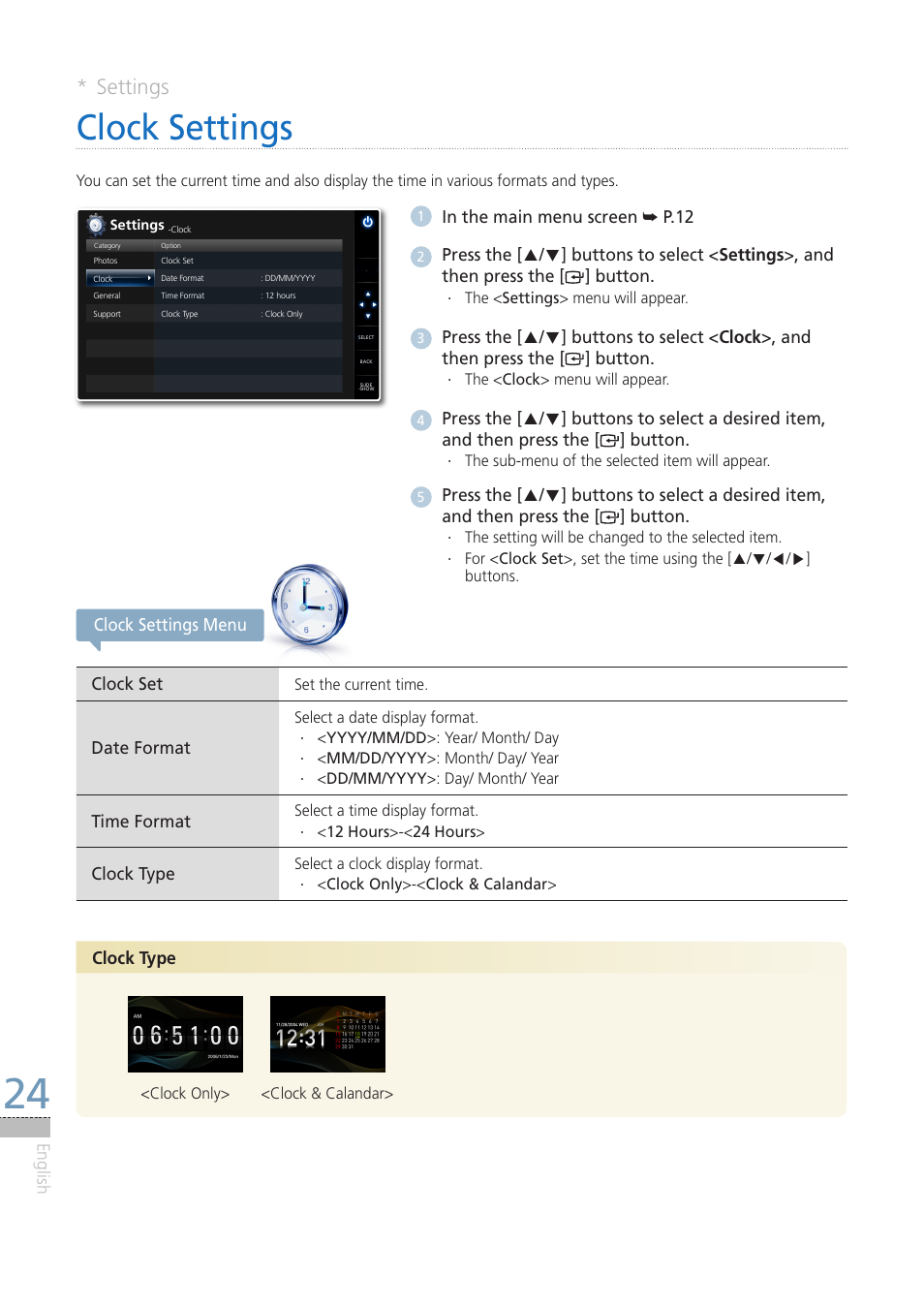 Settings, Clock settings | Samsung LP08IPLEBT-ZA User Manual | Page 24 / 30