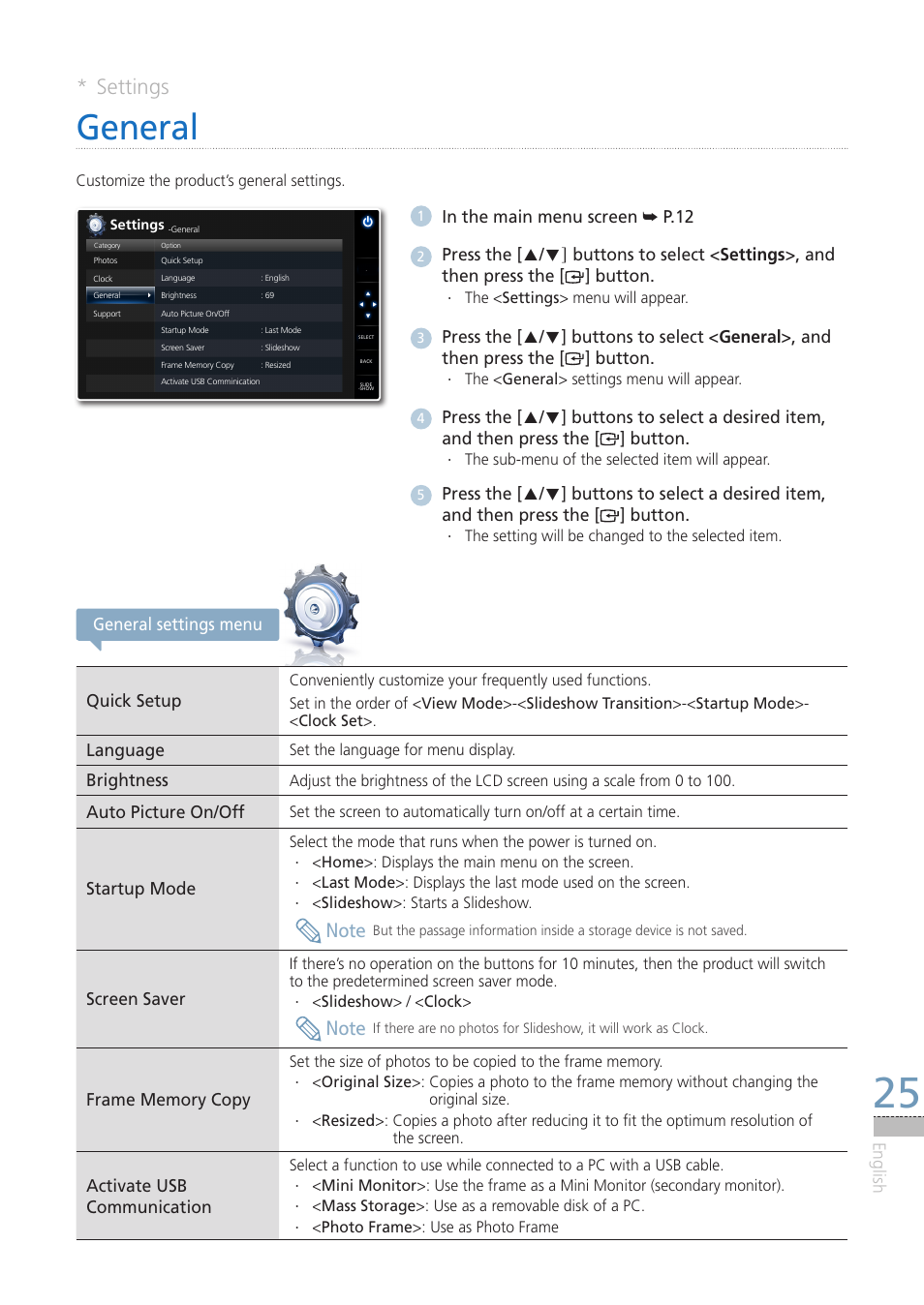 General, Settings | Samsung LP08IPLEBT-ZA User Manual | Page 25 / 30