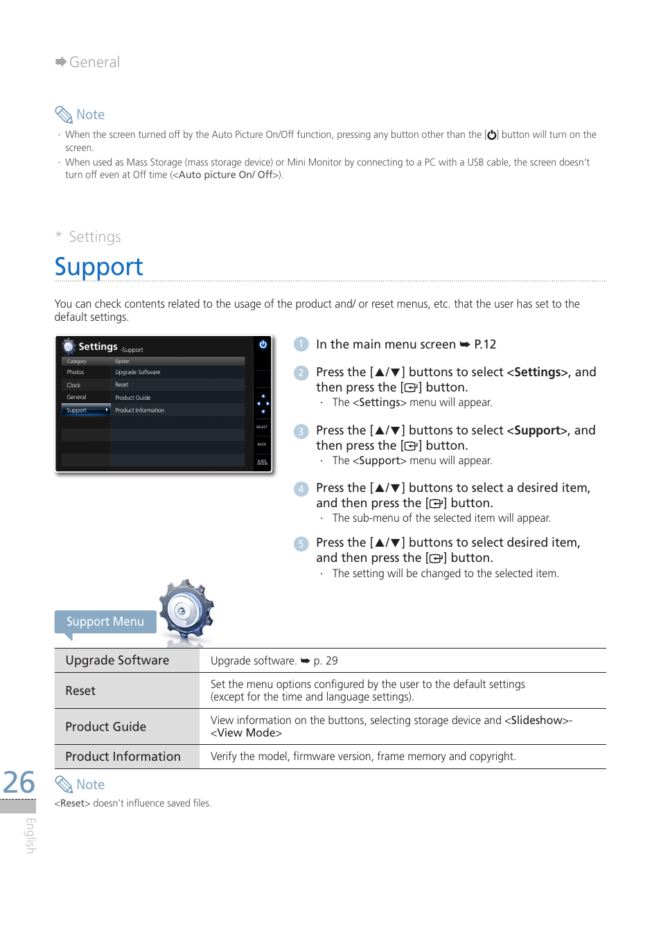 Support, Settings, General | Samsung LP08IPLEBT-ZA User Manual | Page 26 / 30