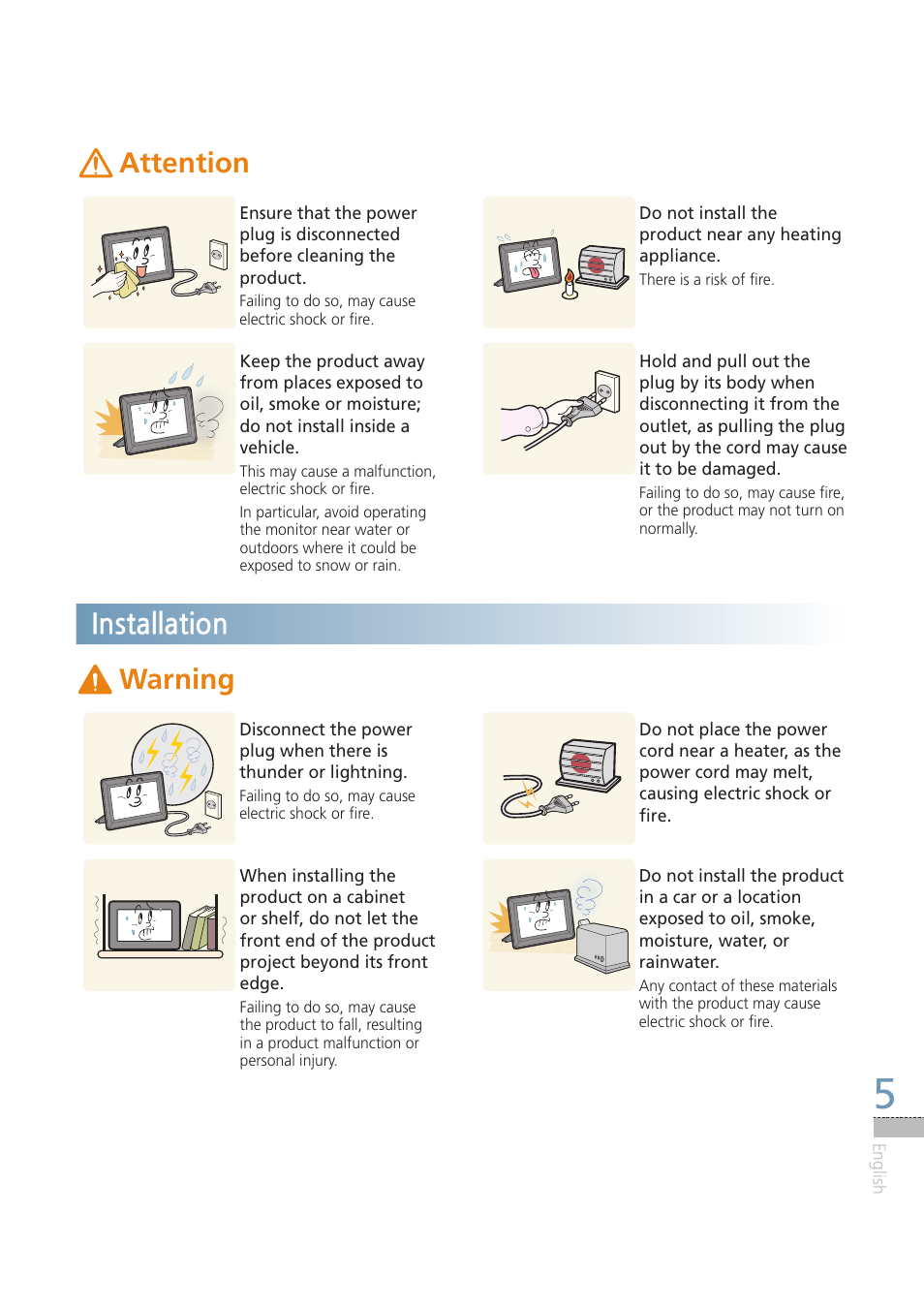 Attention, Installation, Warning | 경고 주의 경고 주의 | Samsung LP08IPLEBT-ZA User Manual | Page 5 / 30
