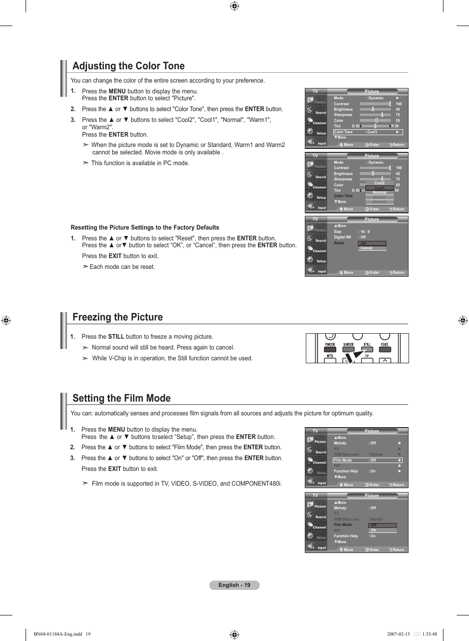 Adjusting the color tone, Freezing the picture, Setting the film mode | Samsung LNT1954HX-XAA User Manual | Page 21 / 116