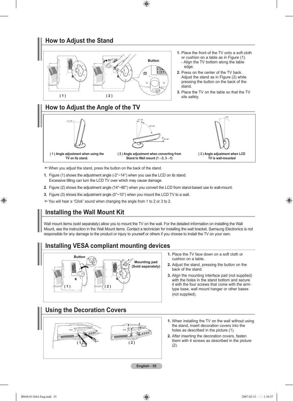 How to adjust the stand, How to adjust the angle of the tv, Installing the wall mount kit | Installing vesa compliant mounting devices, Using the decoration covers | Samsung LNT1954HX-XAA User Manual | Page 57 / 116