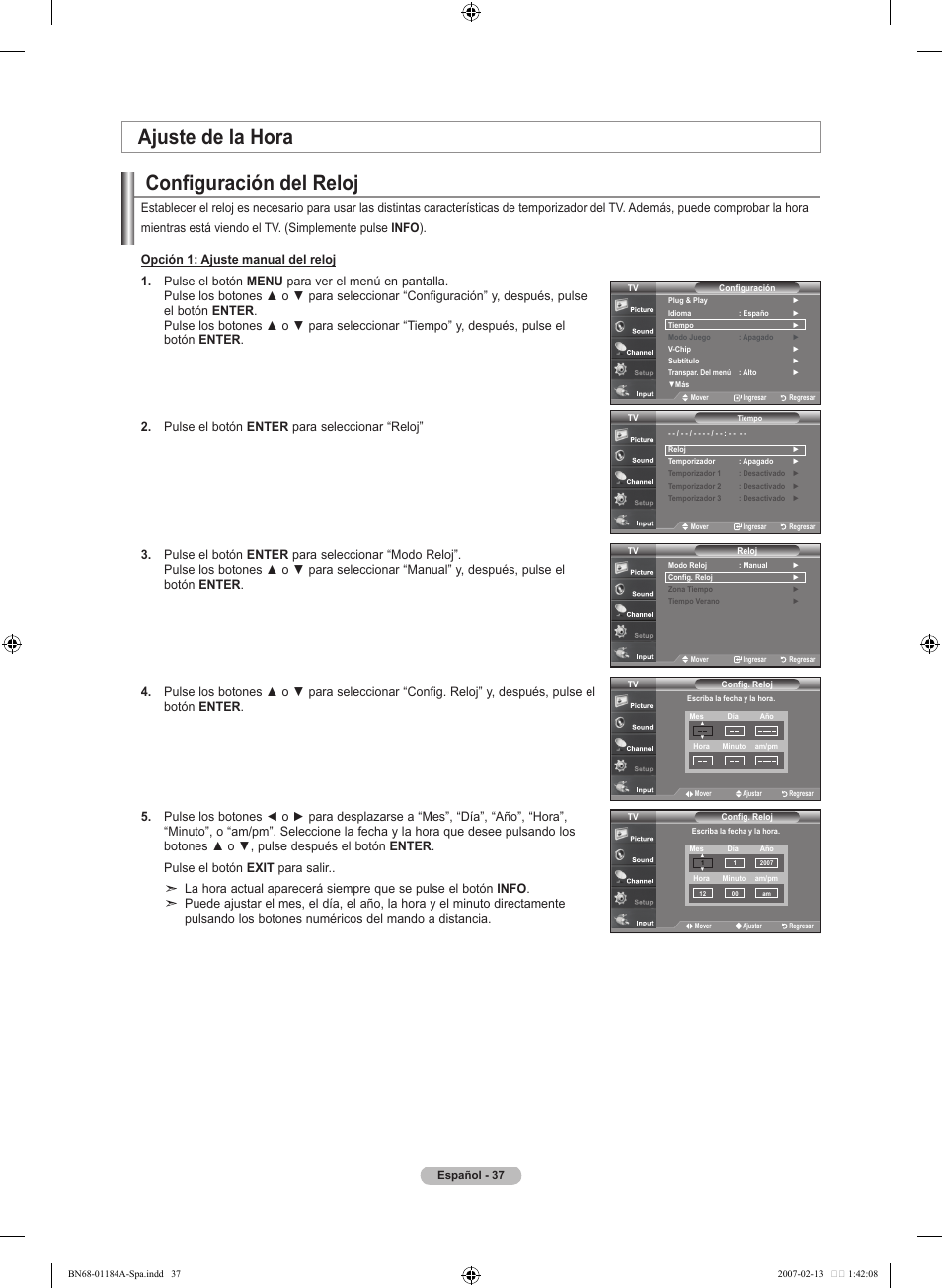Configuración del reloj, Ajuste de la hora | Samsung LNT1954HX-XAA User Manual | Page 96 / 116
