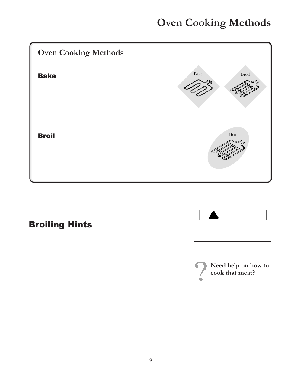 Broiling hints, Oven cooking methods, Warning | Amana Electric Smoothtop Range ACF4255A User Manual | Page 9 / 32