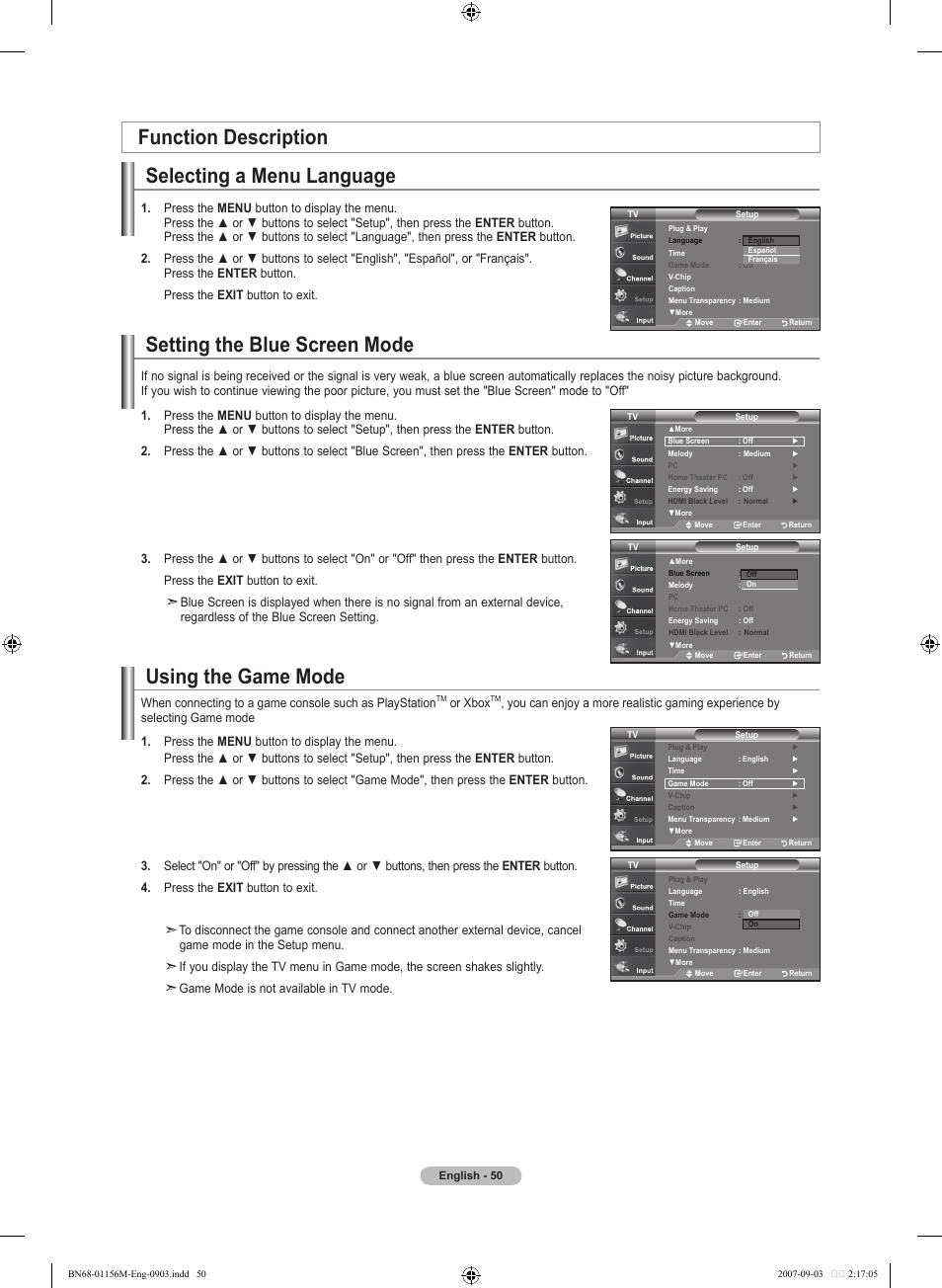 Function description, Selecting a menu language, Setting the blue screen mode | Using the game mode, Or xbox | Samsung LNT3753HX-XAA User Manual | Page 52 / 139