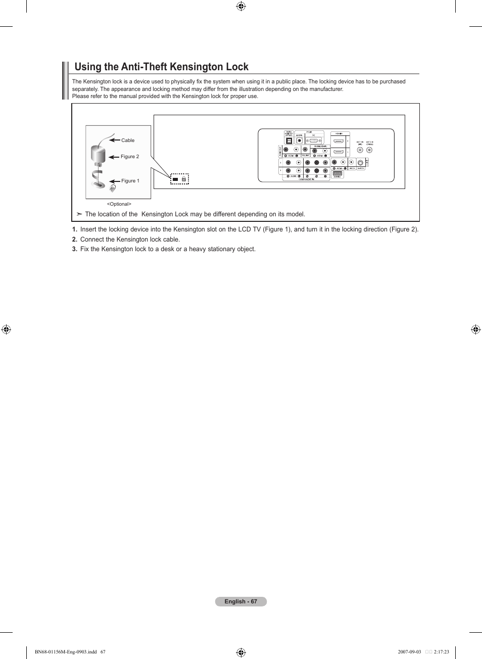 Using the anti-theft kensington lock | Samsung LNT3753HX-XAA User Manual | Page 69 / 139