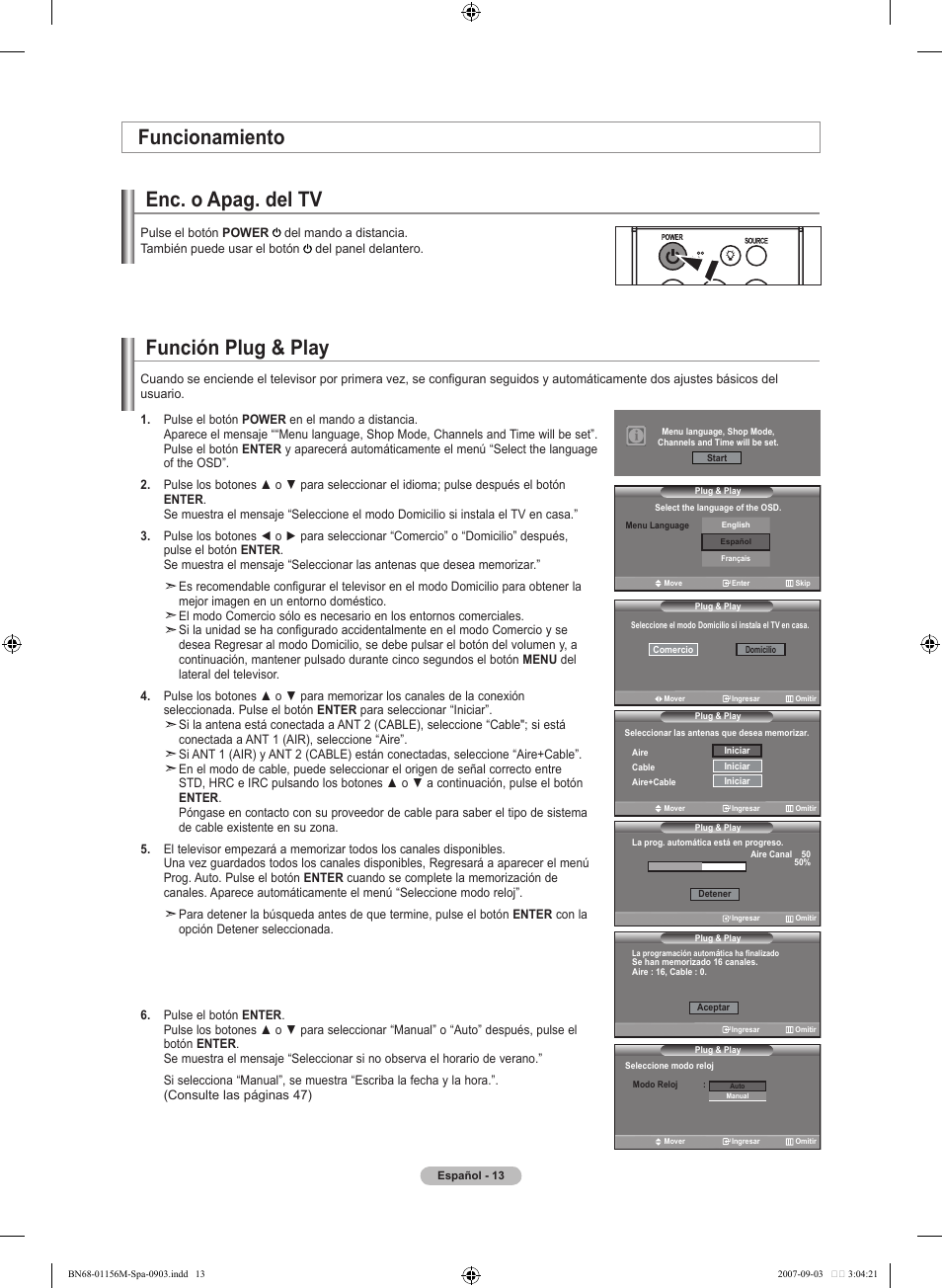 Función plug & play, Enc. o apag. del tv, Funcionamiento | Samsung LNT3753HX-XAA User Manual | Page 84 / 139