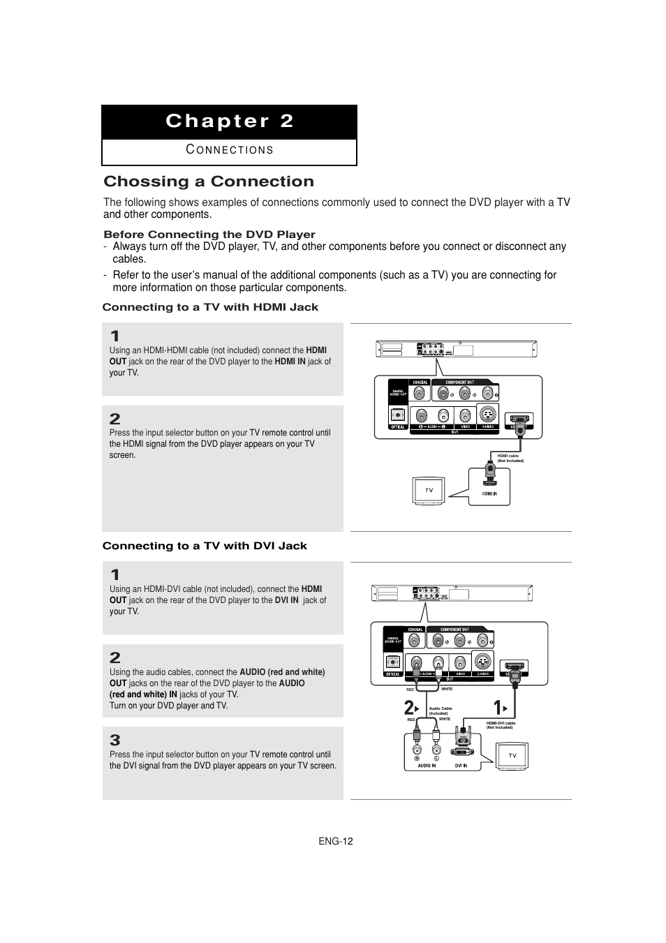 Chapter 2 connections, Connecting to a tv with hdmi jack, Connecting to a tv with dvi jack | Chossing a connection | Samsung DVD-1080P7-XAA User Manual | Page 12 / 65