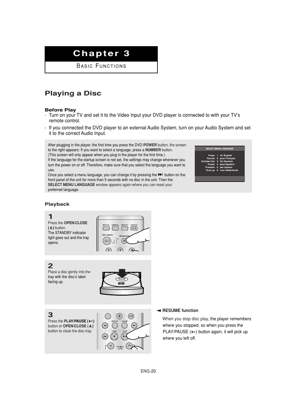 Chapter 3 basic functions, Playing a disc | Samsung DVD-1080P7-XAA User Manual | Page 20 / 65