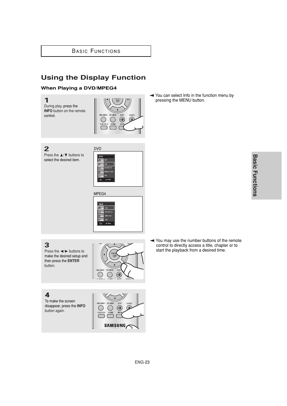 Using the display function, Basic functions b | Samsung DVD-1080P7-XAA User Manual | Page 23 / 65