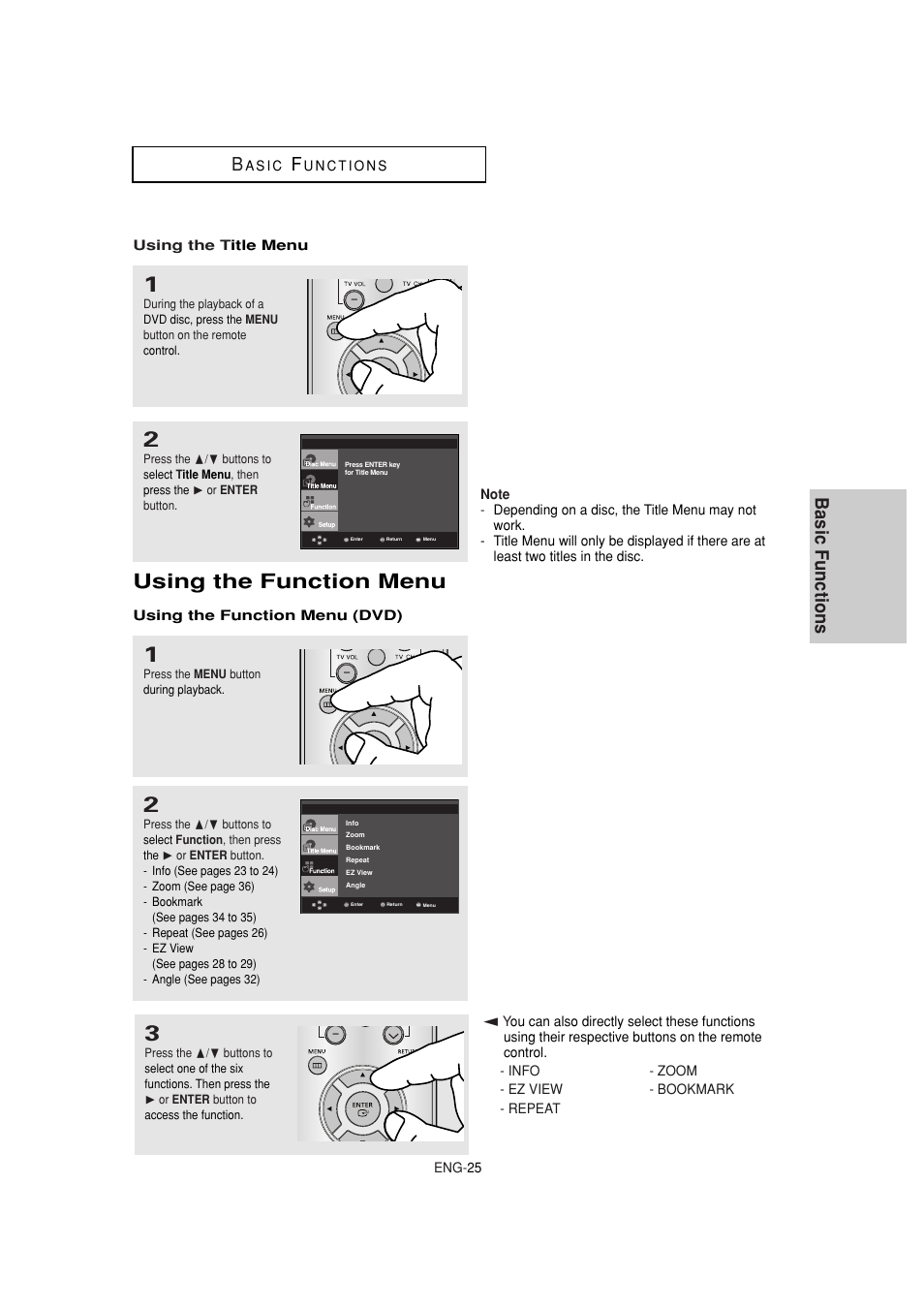 Using the function menu, Basic functions b | Samsung DVD-1080P7-XAA User Manual | Page 25 / 65