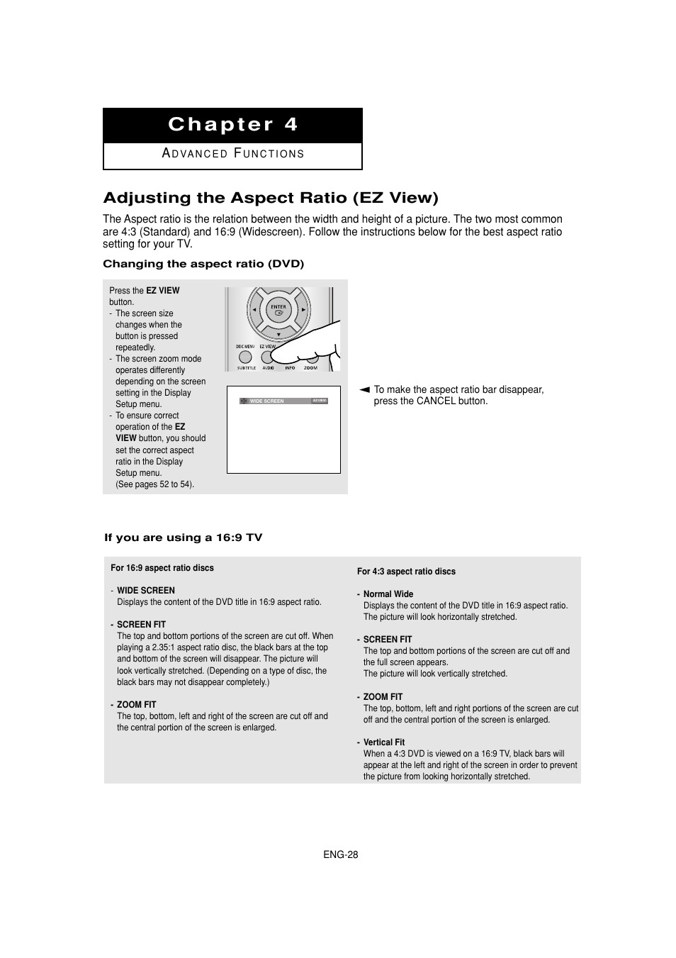 Chapter 4 advanced functions, Adjusting the aspect ratio (ez view) | Samsung DVD-1080P7-XAA User Manual | Page 28 / 65