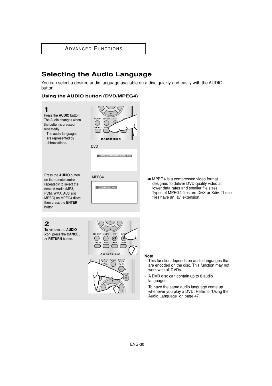 Selecting the audio language | Samsung DVD-1080P7-XAA User Manual | Page 30 / 65