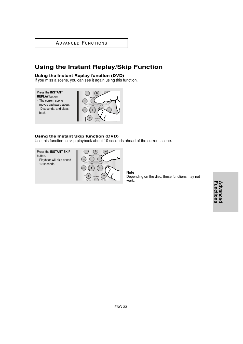 Using the instant replay/skip function, Advanced functions a | Samsung DVD-1080P7-XAA User Manual | Page 33 / 65