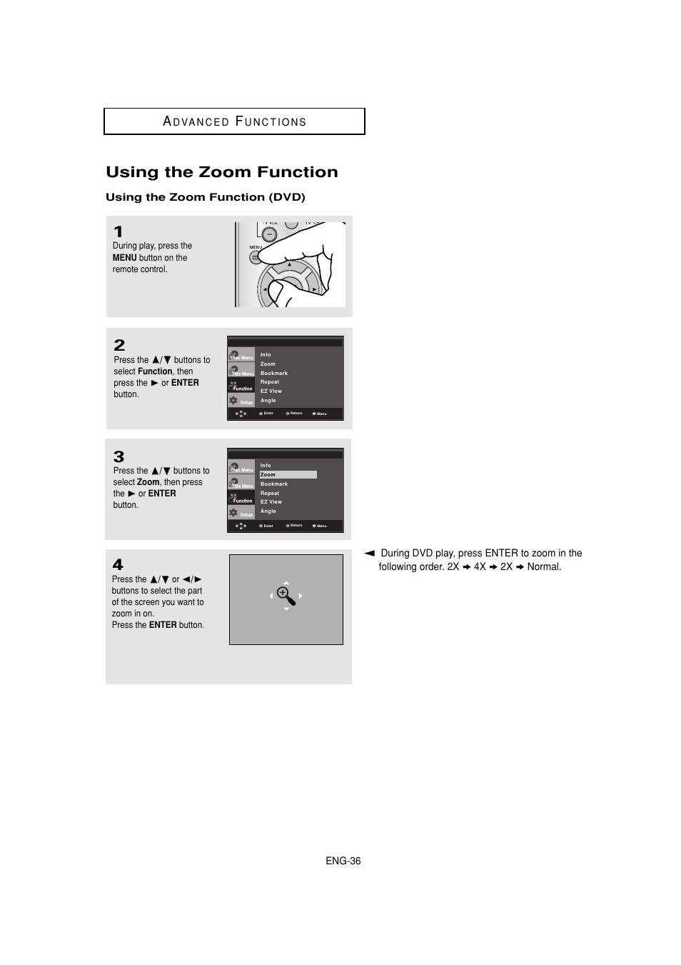 Using the zoom function | Samsung DVD-1080P7-XAA User Manual | Page 36 / 65