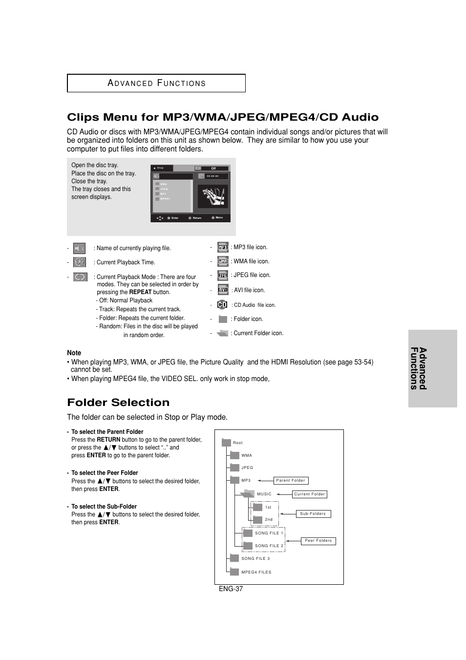 Clips menu for mp3/wma/jpeg/mpeg4/cd audio, Folder selection, Advanced functions a | The folder can be selected in stop or play mode | Samsung DVD-1080P7-XAA User Manual | Page 37 / 65