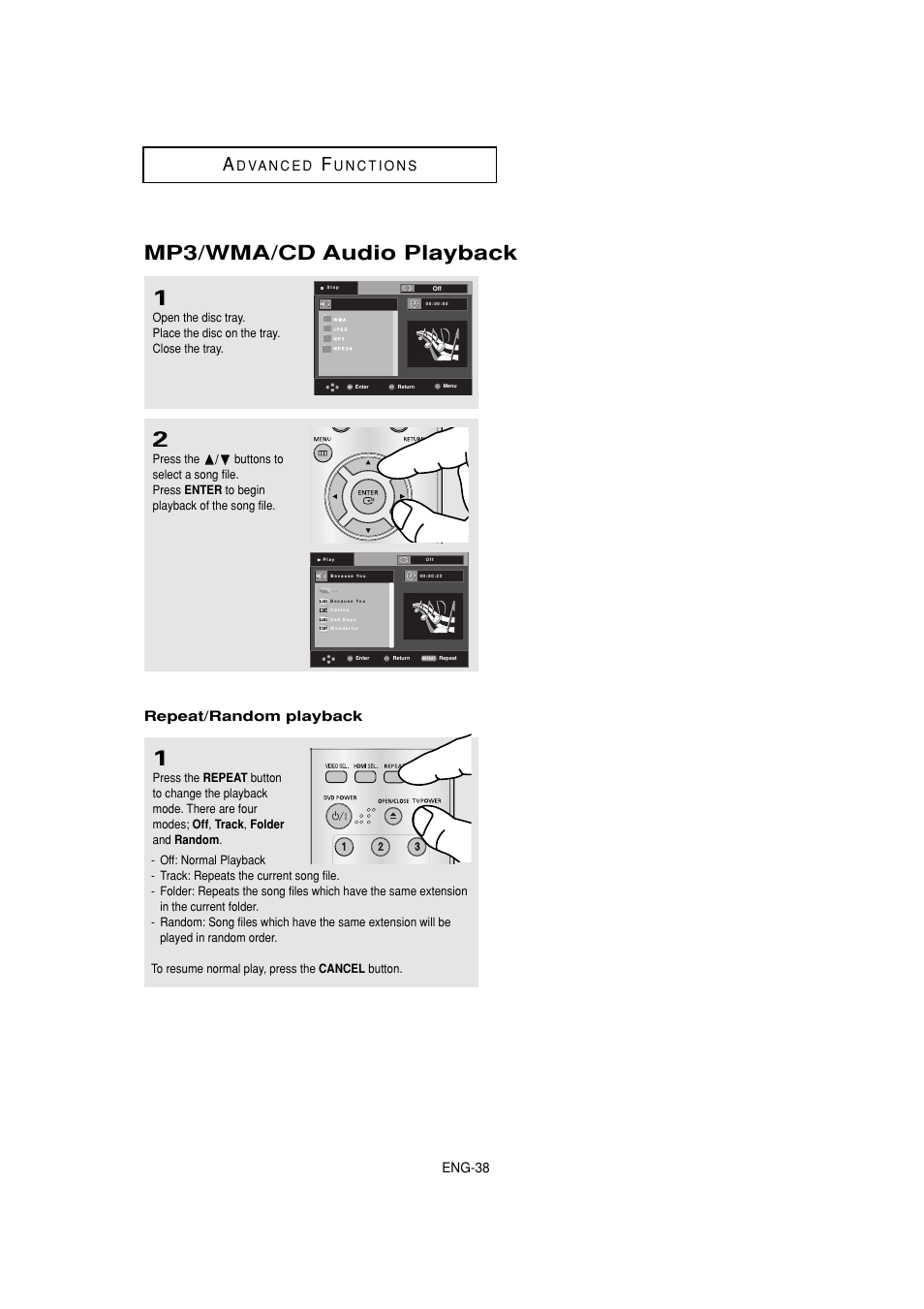 Mp3/wma/cd audio playback, Eng-38, Repeat/random playback | Samsung DVD-1080P7-XAA User Manual | Page 38 / 65