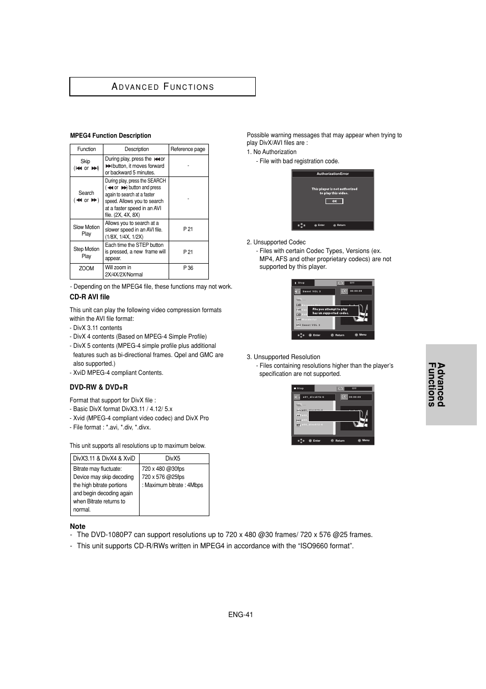 Advanced functions, Eng-41, Cd-r avi file | Dvd-rw & dvd+r | Samsung DVD-1080P7-XAA User Manual | Page 41 / 65