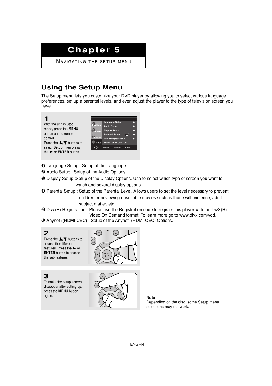 Chapter 5 navigating the setup menu, Using the setup menu, Language setup : setup of the language | Audio setup : setup of the audio options | Samsung DVD-1080P7-XAA User Manual | Page 44 / 65