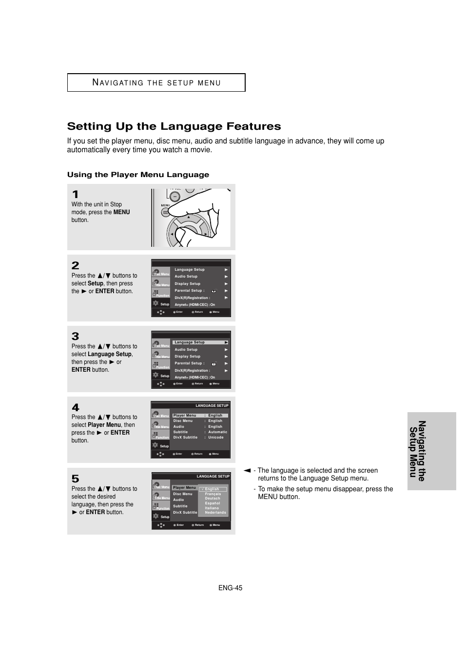 Setting up the language features, Navigating the setup menu n, Eng-45 | Using the player menu language | Samsung DVD-1080P7-XAA User Manual | Page 45 / 65