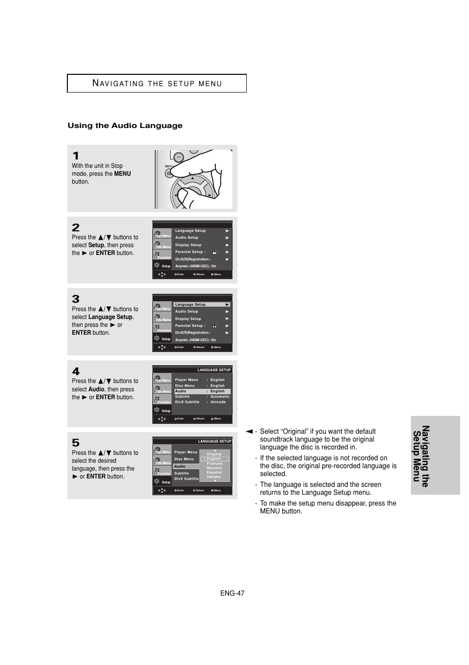 Navigating the setup menu, Eng-47, Using the audio language | Samsung DVD-1080P7-XAA User Manual | Page 47 / 65