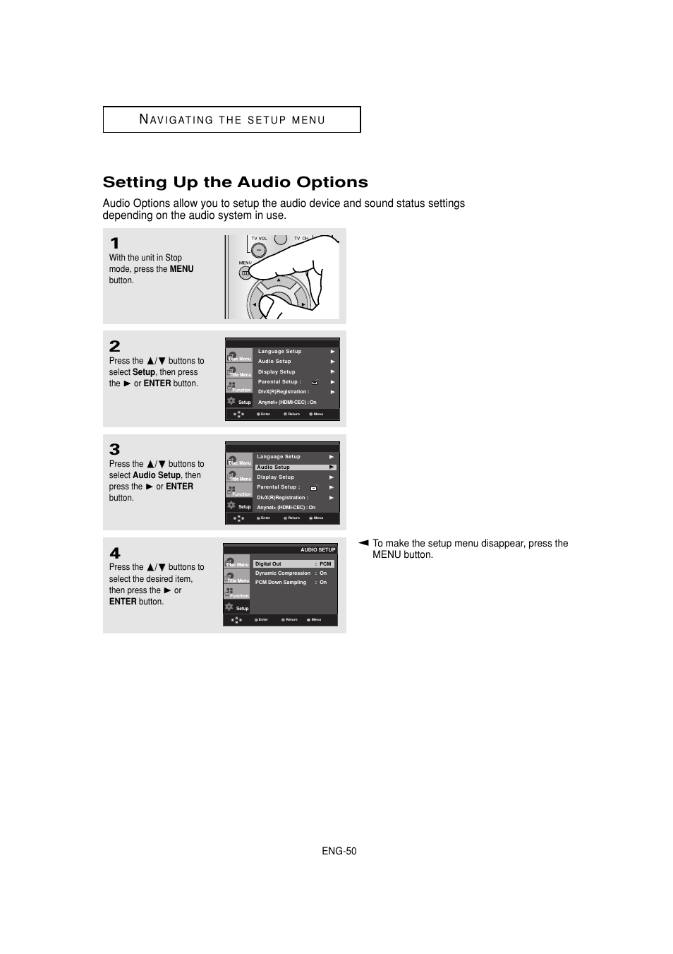Setting up the audio options, Eng-50 | Samsung DVD-1080P7-XAA User Manual | Page 50 / 65