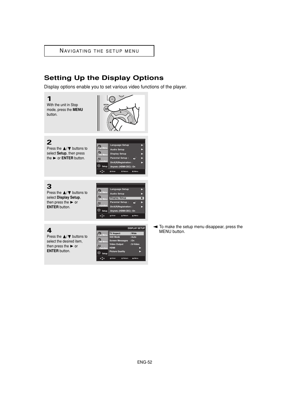 Setting up the display options, Eng-52 | Samsung DVD-1080P7-XAA User Manual | Page 52 / 65