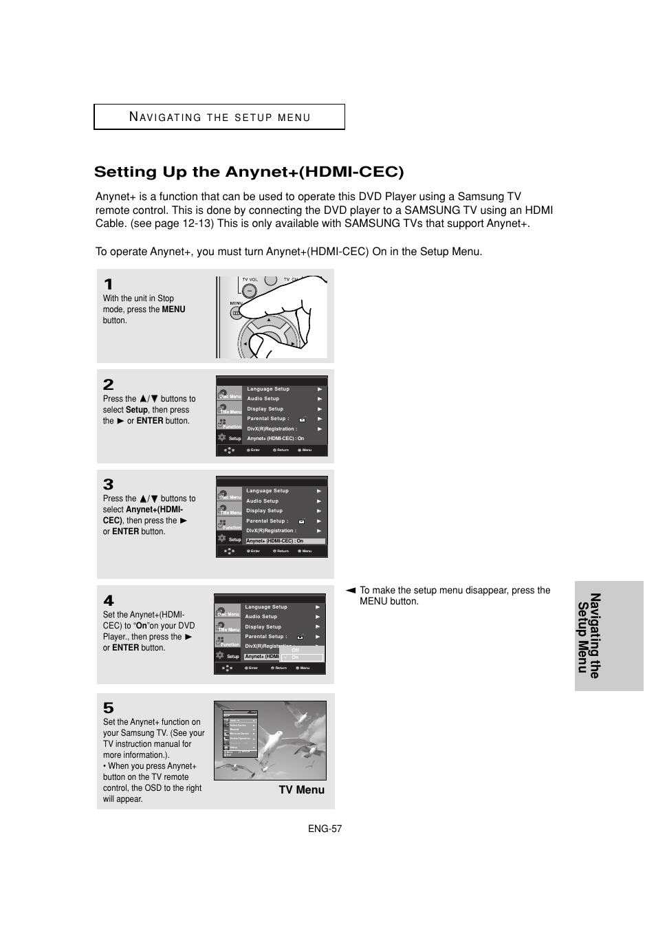 Setting up the anynet+(hdmi-cec), Navigating the setup menu n, Tv menu | Eng-57, With the unit in stop mode, press the menu button | Samsung DVD-1080P7-XAA User Manual | Page 57 / 65