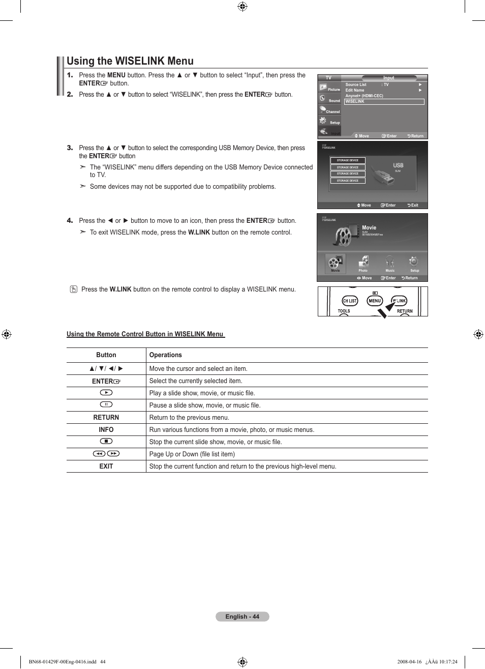 Using the wiselink menu | Samsung LN52A610A3RXZP User Manual | Page 46 / 129