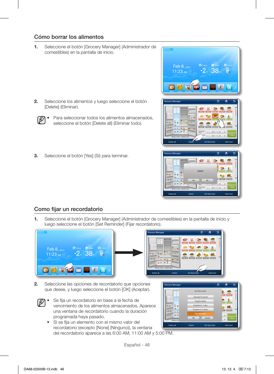 Cómo borrar los alimentos, Como fijar un recordatorio | Samsung RSG309AARS-XAA User Manual | Page 138 / 184