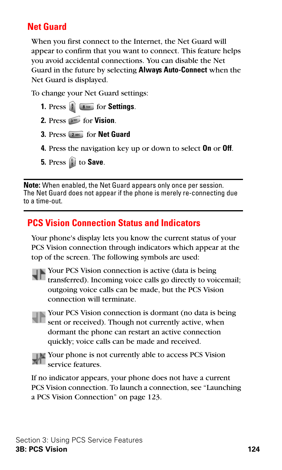 Net guard, Pcs vision connection status and indicators | Samsung SPH-A620ZSSXAR User Manual | Page 132 / 181