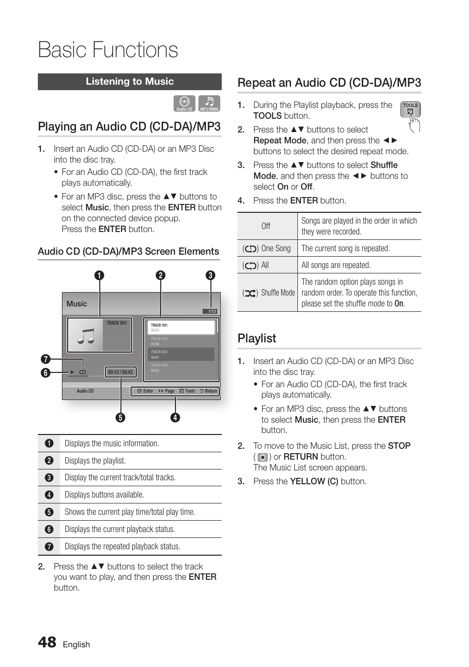 Listening to music, Playing an audio cd (cd-da)/mp3, Repeat an audio cd (cd-da)/mp3 | Playlist, 48 listening to music, 48 playlist, Basic functions | Samsung BD-D5700-ZA User Manual | Page 48 / 78