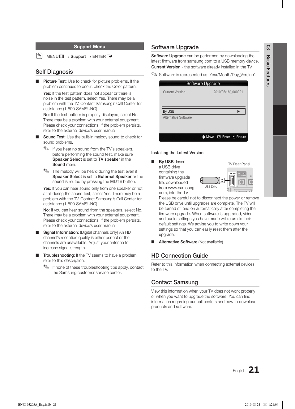 Self diagnosis, Software upgrade, Hd connection guide | Contact samsung | Samsung LN22C500B2FXZA User Manual | Page 21 / 105