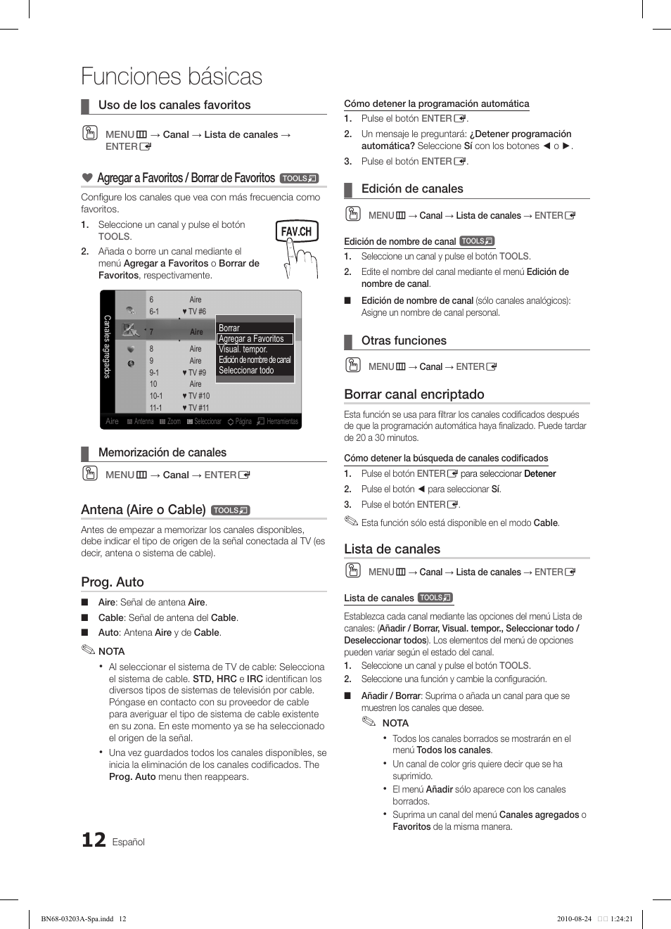 Funciones básicas, Agregar a favoritos / borrar de favoritos, Antena (aire o cable) | Prog. auto, Borrar canal encriptado, Lista de canales | Samsung LN22C500B2FXZA User Manual | Page 46 / 105