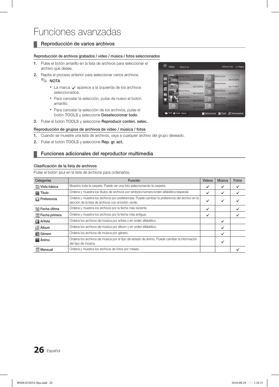 Funciones avanzadas, Reproducción de varios archivos, Funciones adicionales del reproductor multimedia | Samsung LN22C500B2FXZA User Manual | Page 60 / 105